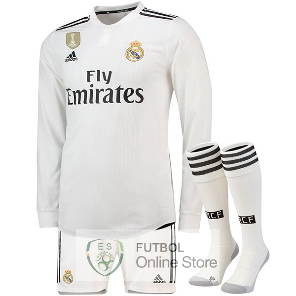 Camiseta Real Madrid 18/2019 Manga Larga Primera (Pantalones+Calcetines)