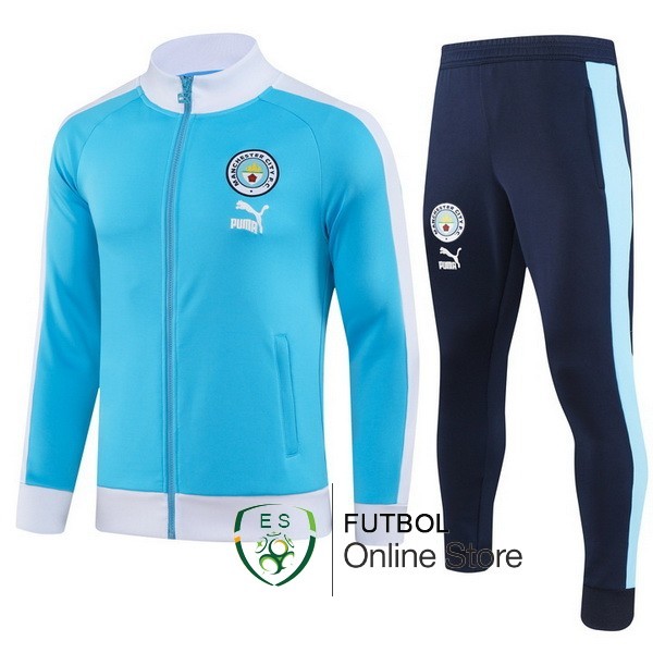 Conjunto Completo Ropa Deportiva Con Cremallera Larga Manchester City 2023 2024 Azul II Blanco