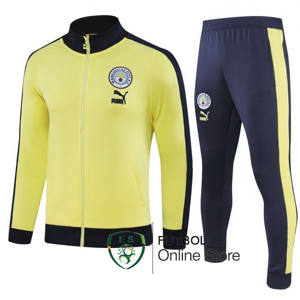 Conjunto Completo Ropa Deportiva Con Cremallera Larga Manchester City 2023 2024 Azul Marino I Amarillo