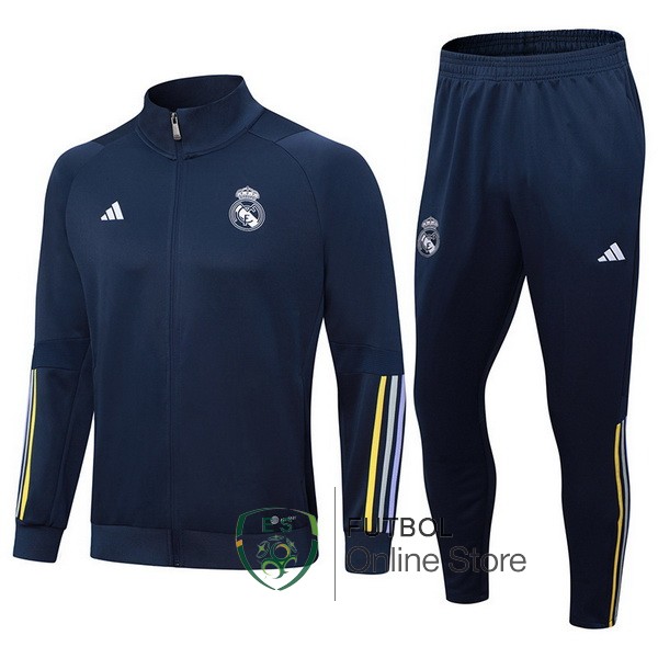 Conjunto Completo Ropa Deportiva Con Cremallera Larga Real Madrid 2023 2024 Azul Marino I Amarillo