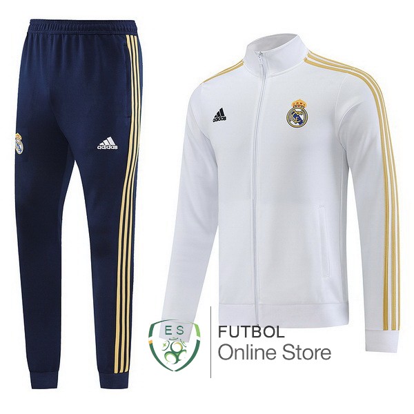 Conjunto Completo Ropa Deportiva Con Cremallera Larga Real Madrid 2023 2024 Blanco Azul Amarillo