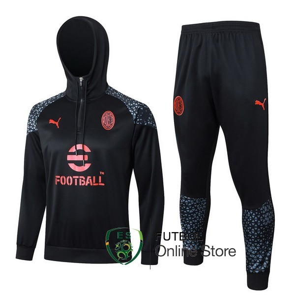 Conjunto Completo Chaqueta Con Capucha AC Milan 2023/2024 Negro Rojo