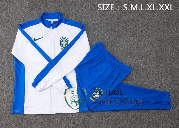 Conjunto Completo Ropa Deportiva Con Cremallera Larga Brasil 2024 Blanco Azul