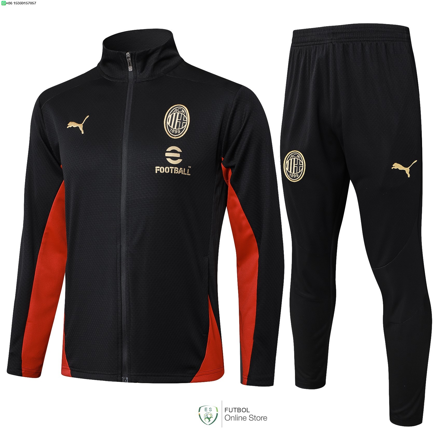Conjunto Completo Ropa Deportiva Con Cremallera Larga AC Milan 24/2025 Negro I Rojo