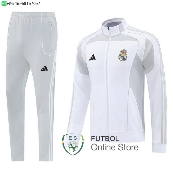 Conjunto Completo Ropa Deportiva Con Cremallera Larga Real Madrid Real Madrid 25/2026 Blanco Gris Conjunto Completo Ropa Deportiva Con Cremallera Larga Real Madrid Real Madrid 25/2026 Blanco Gris
