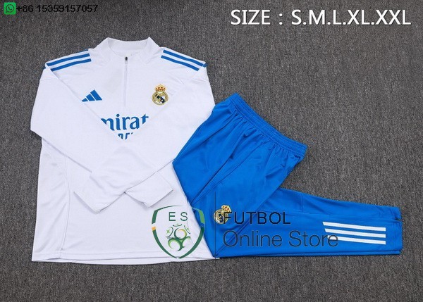 Conjunto Completo Sudadera Entrenamiento Ninos Real Madrid 25/2026 Blanco Azul