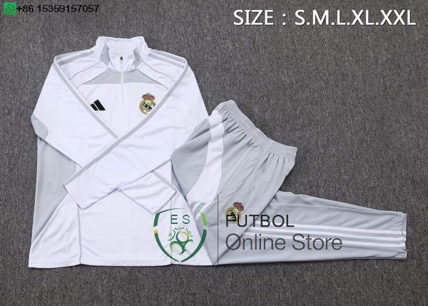 Conjunto Completo Sudadera Entrenamiento Ninos Real Madrid 25/2026 Blanco Gris