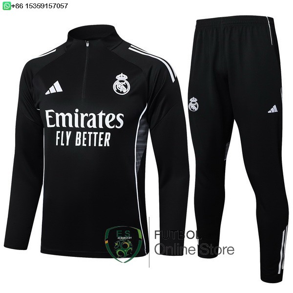 Conjunto Completo Sudadera Entrenamiento Ninos Real Madrid 25/2026 Negro I Blanco