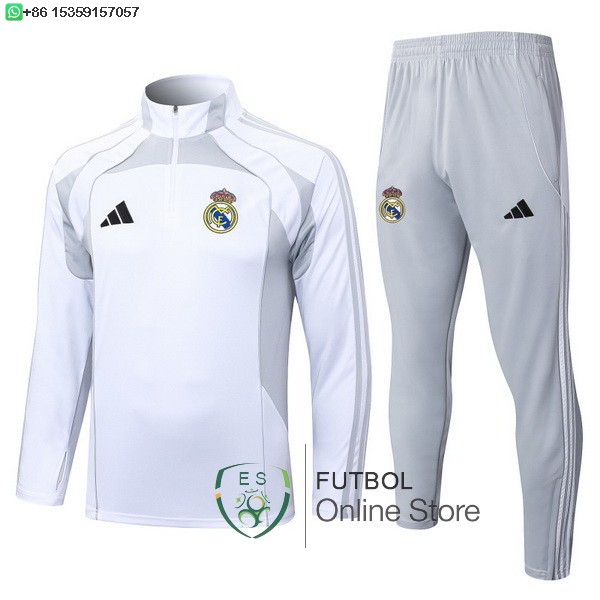 Conjunto Completo Sudadera Entrenamiento Real Madrid 25/2026 Blanco Gris Conjunto Completo Sudadera Entrenamiento Real Madrid 25/2026 Blanco Gris