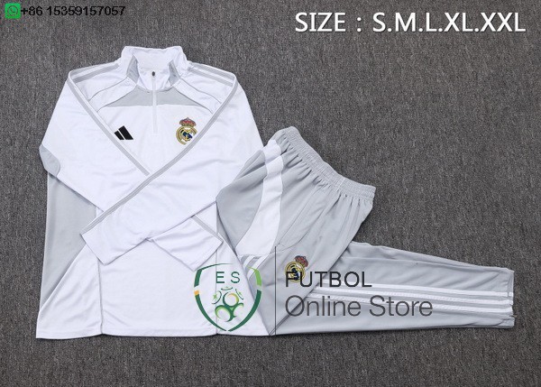 Conjunto Completo Sudadera Entrenamiento Real Madrid 25/2026 Blanco Gris