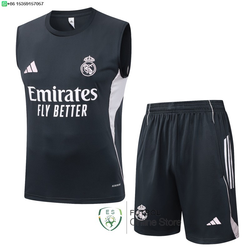 Entrenamiento Sin Mangas Conjunto Completo Real Madrid 25/2026 Gris Marino Entrenamiento Sin Mangas Conjunto Completo Real Madrid 25/2026 Gris Marino